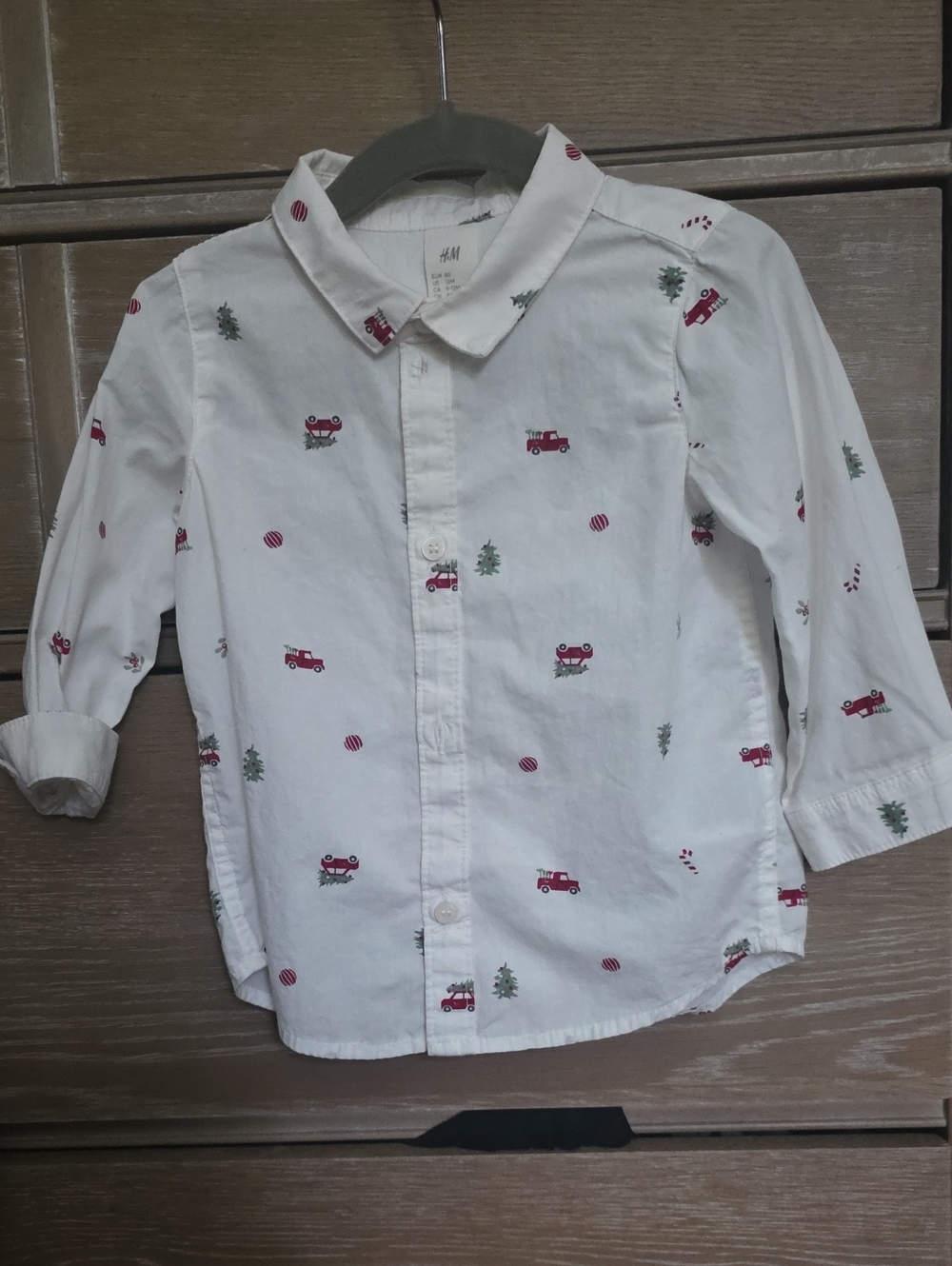 H&M White Button-Down Shirt with Christmas Red Truck & Green Tree Motif